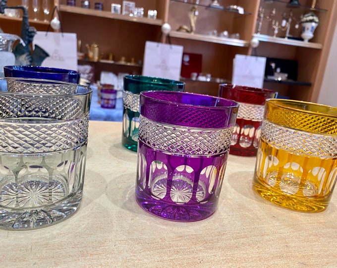 6 colored crystal whiskey glasses