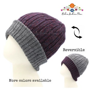 REVERSIBLE Baby Alpaca Beanie, Knit Hat, Winter Baby Alpaca Beanie, Slouchy beanie Peruvian hat, Double layer beanie hat, Gift