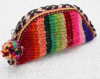 Handmade Peruvian Wool Pouch: Boho Cosmetic Bag with Pom Pom