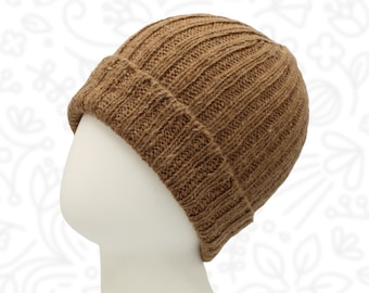 May include: A brown knitted beanie with a ribbed texture.