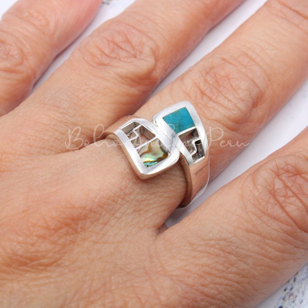 Ring Silver with natural stones Stones | Peruvian Inlaid Jewelry | Handmade 950 Silver | Peruvian Handicraft Jewel | Stackable ring | Gift