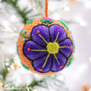 Embroidered Ball Ornament, Fair Trade Wool Christmas Decor Handmade in Peru Colorful Ornament, Wool Ornament