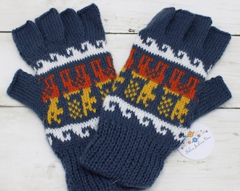May include: A pair of blue fingerless gloves with a white, orange, and yellow geometric pattern. The gloves are knitted and have a fold-over cuff.
