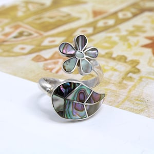 Abalone Shell ring, Adjustable Leaf Ring, Peruvian Jewelry, Silver Inlaid Stones, Inlaid Jewelry, Peruvian Gifts