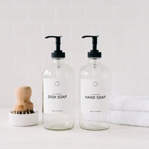 Clear Glass Soap Dispenser, Amber, Glass Bottles with Labels, Hand Wash, Hand Soap, Hand Lotion, Dish Soap, Bathroom Decor, Kitchen Decor