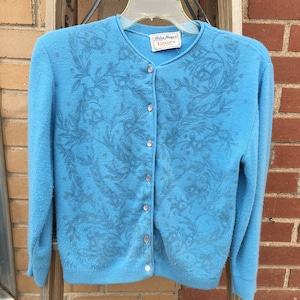Vintage 50&#39;s Helen Harper Luxura Blue Button Up Cardigan Sweater