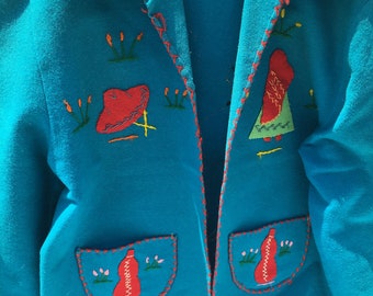 1950's Vintage turquoise Mexican wool/felt embroidered jacket