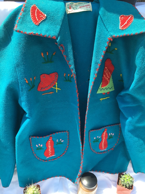 1950's Vintage turquoise Mexican wool/felt embroid