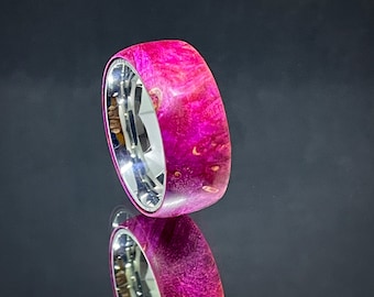 Purple Dyed Burl on Stainless Steel Wedding Band
