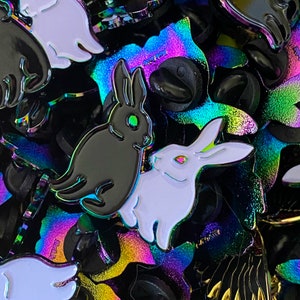 Rainbow Anodised Black Rabbit White Rabbit soft enamel pin - lapel pin - Cloisonné Badge bunnies