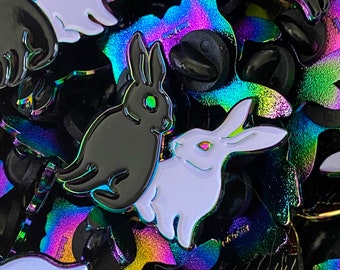 Rainbow Anodised Black Rabbit White Rabbit soft enamel pin - lapel pin - Cloisonné Badge bunnies