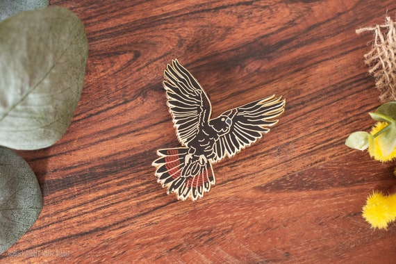 Glossy Black Cockatoo Charity Hard Enamel Pin - Endangered Bird Parrot- Gold - Lapel Pin Cloisonné Badge