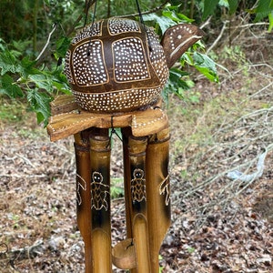 Turtle Wind Chime Hand Made Artist Painted Coconut Bamboo
