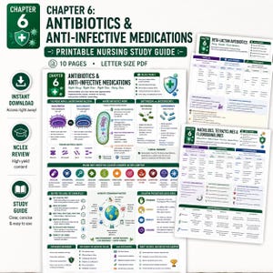 Puede incluir: Una guía de estudio de enfermería imprimible de 10 páginas titulada Chapter 6: Antibiotics & Anti-Infective Medications. El documento presenta tablas, diagramas y texto que detallan las clasificaciones bacterianas, clases de fármacos.