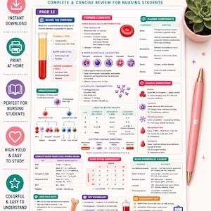 May include: A 21.6 cm by 27.9 cm educational PDF study guide titled Blood System Study Guide. The document features anatomy and physiology charts, diagrams of blood cells, a clotting cascade, and clinical connection tables for nursing students.