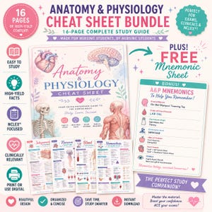 Puede incluir: Paquete de hojas de referencia de anatomía y fisiología que incluye una guía de estudio de 16 páginas con ilustraciones del corazón, cerebro, esqueleto y sistema muscular humano, además de una hoja de mnemotecnia con consejos de estudio.