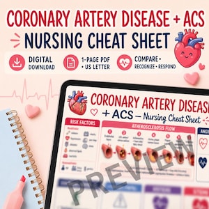 May include: A digital nursing cheat sheet for Coronary Artery Disease and ACS displayed on a tablet screen. The document features a red heart illustration, risk factors, and an atherosclerosis flow chart. Includes a spiral notebook and pink highlighter.