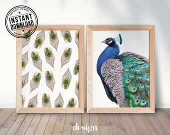 PEACOCK, pavo real, SET x2, print digital poster pair, instant download