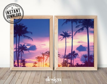 CARIBBEAN SUNSET, puesta de sol caribeño, SET x2, print digital poster pair, instant download