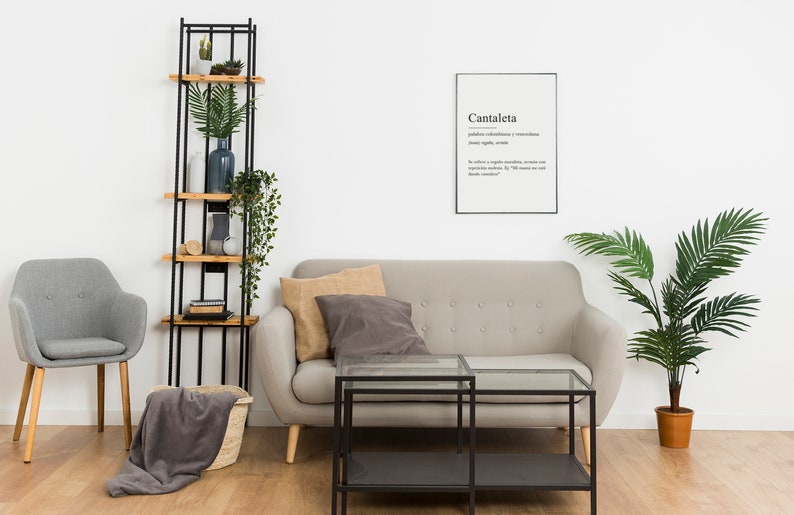 May include: A living room interior with a gray sofa, a gray armchair, a black metal shelf with wooden shelves, a glass coffee table, a potted palm tree, and a framed print with the word "Cantaleta" and its definition.