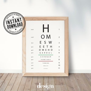 Puede incluir: Un gráfico de prueba de visión imprimible con las letras H, OM, ESW, EETH, OMEHO, GARDUL, CEHOGAR, HOME SWEE, THOMEHOG, AROULCEH y CARDINOL. El gráfico está impreso en blanco y negro con líneas verdes y rojas.