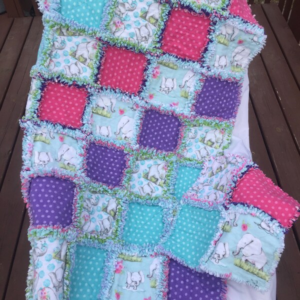 Baby Rag Quilt, Burp Cloth, Bibs, Bright,  Colorful, Playful Elephants, Polka Dots, Pink, Aqua, Purple, Ready To Ship,Free Shipping Eligible