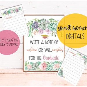Tarjetas de tarro de memoria, Consejos para las tarjetas y letreros de posgrado, Fiesta de graduación temática suculenta, Floral suculento, Signo imprimible, Signo digital, Pastel