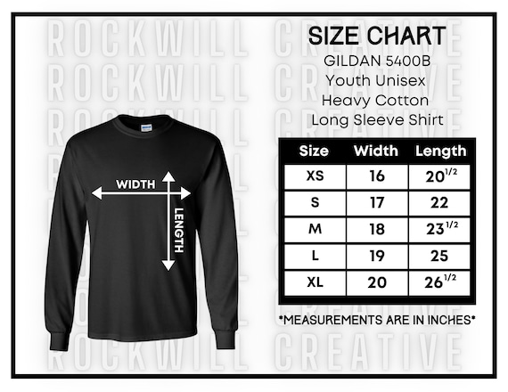 GILDAN 5400B Size Chart Guide Long Sleeve Youth T Shirt Size Chart G540B