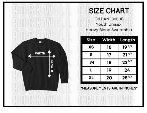 GILDAN 18000B Youth Size Chart Guide Crewneck Sweatshirt Size