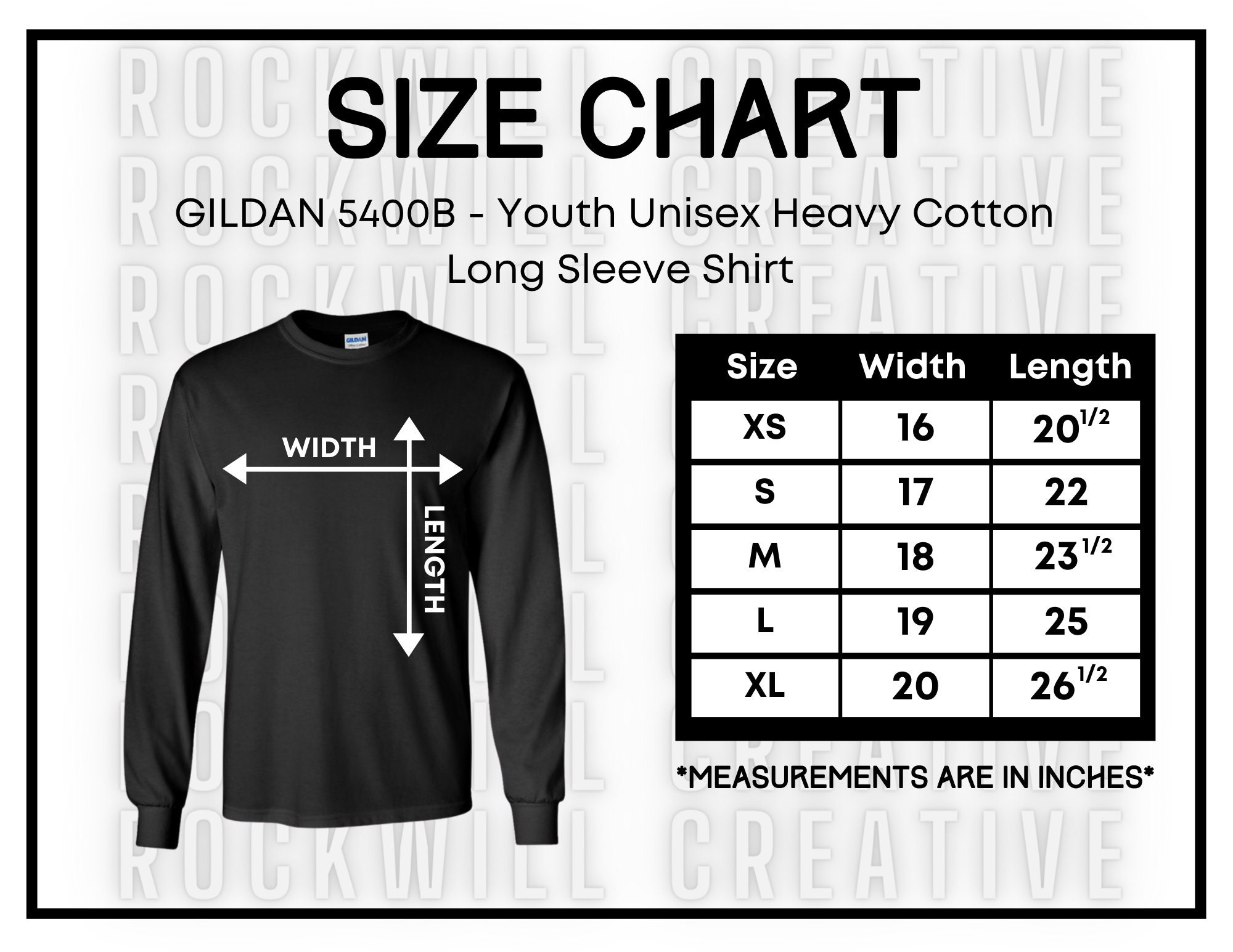 GILDAN 5400B Size Chart Guide Long Sleeve Youth T Shirt Size Chart