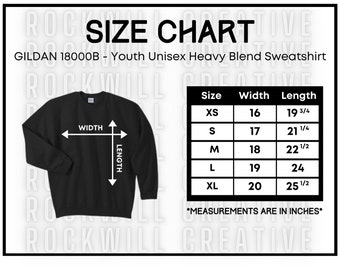 GILDAN 18000B Youth Size Chart Guide - Crewneck Sweatshirt Size Chart - G180B - Gildan Sizes