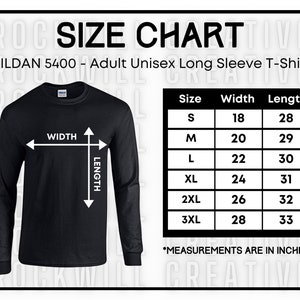 GILDAN 5400 Size Chart Guide Long Sleeve T Shirt Size Chart G540