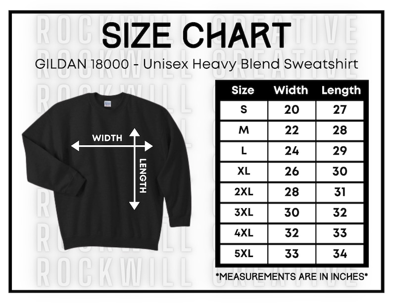 GILDAN 18000 Size Chart Guide Crewneck Sweatshirt Size Chart G180 - Etsy