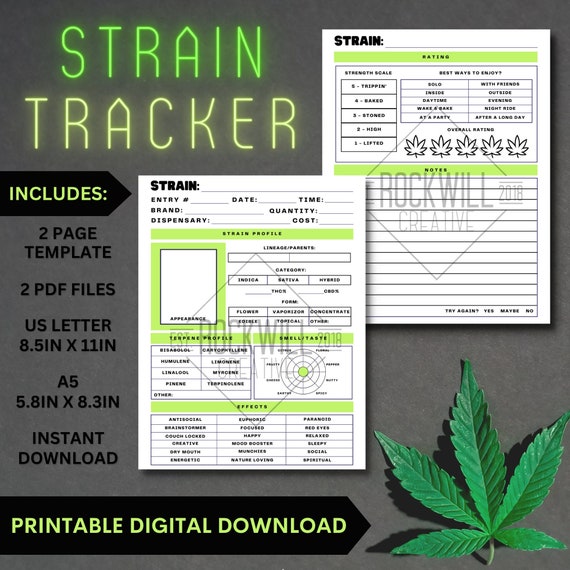 Cannabis Strain Tracker 2 Page Template Journal Printable Download Weed Planner