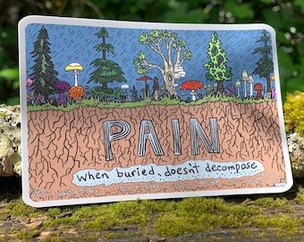 Pain, When Buried, Doesn&#39;t Decompose Sticker: Mushrooms, forest, decomposition, mental health