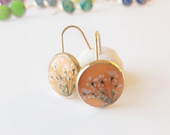 Orange dangle real flower earring, gold stainless steel bezel, hook earring, dried flower jewelry, romantic women, summer vibe, floral style