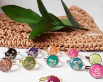 CHOOSE FIVE your choice, party favor, real flower jewelry, resin ring, dried flower, adjustable ring, queen ann lace, handmade party favor