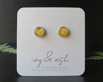 Yellow Pressed Flower Earring, Stud Pair, Collection, One -of-a-kind, Everyday Earrings, Woman Made