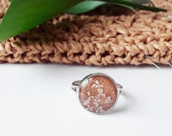 COPPER clay real flower jewelry, resin ring, dried flower, adjustable ring, queen ann lace, handmade band, hand charm, hand accessory, earth