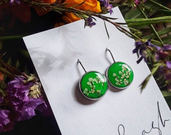 Green Dangle Real Flower Earrings, Woman Made, Pressed Floral Jewelry