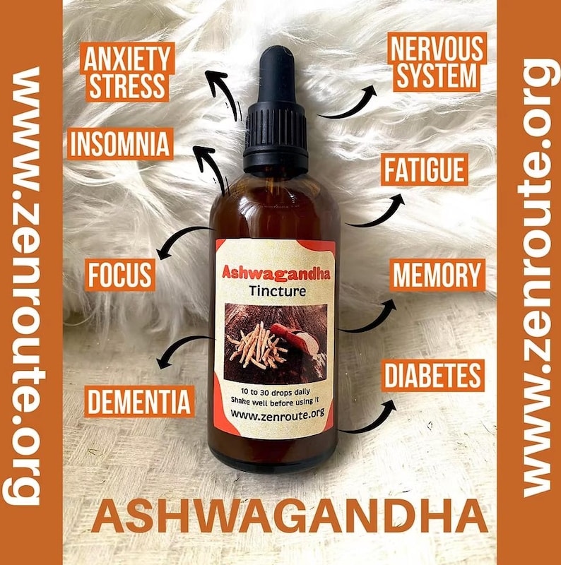 May include: A brown glass bottle of Ashwagandha Tincture with a black dropper. The label features text and an image of roots. Text includes "Anxiety, Stress, Insomnia, Focus, Dementia, Nervous System, Fatigue, Memory, Diabetes". The website www.zenroute.org is also visible.