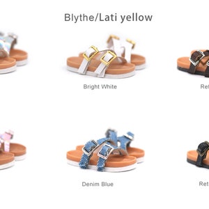 May include: Six pairs of sandals in different colors and styles. The sandals are all made of leather and have a buckle closure. The colors include silver, white, brown, pink, blue, and black.