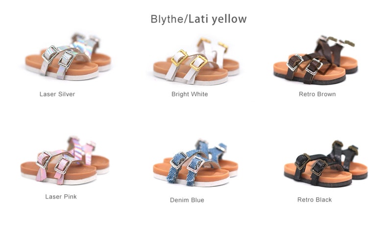 May include: Six pairs of sandals in different colors and styles. The sandals are all made of leather and have a buckle closure. The colors include silver, white, brown, pink, blue, and black.
