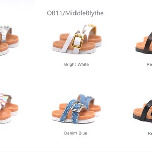 May include: Six pairs of sandals for dolls, in various colors and styles, including laser silver, bright white, retro brown, laser pink, denim blue, and retro black. OB11/MiddleBlythe is written at the top of the image.