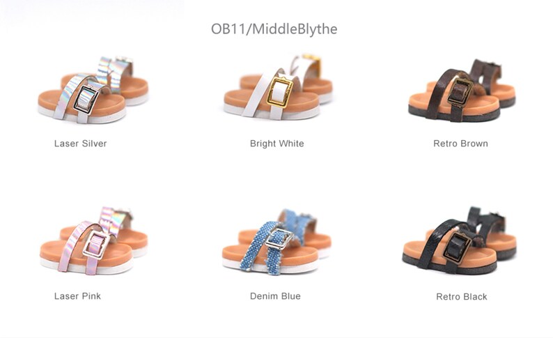 May include: Six pairs of sandals for dolls, in various colors and styles, including laser silver, bright white, retro brown, laser pink, denim blue, and retro black. OB11/MiddleBlythe is written at the top of the image.
