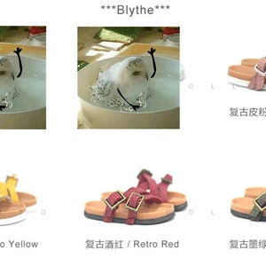 May include: Four pairs of sandals in different colors: pink, yellow, red, and green. Each sandal has two straps with a gold buckle. The sandals are labeled with their color and the text "Retro".