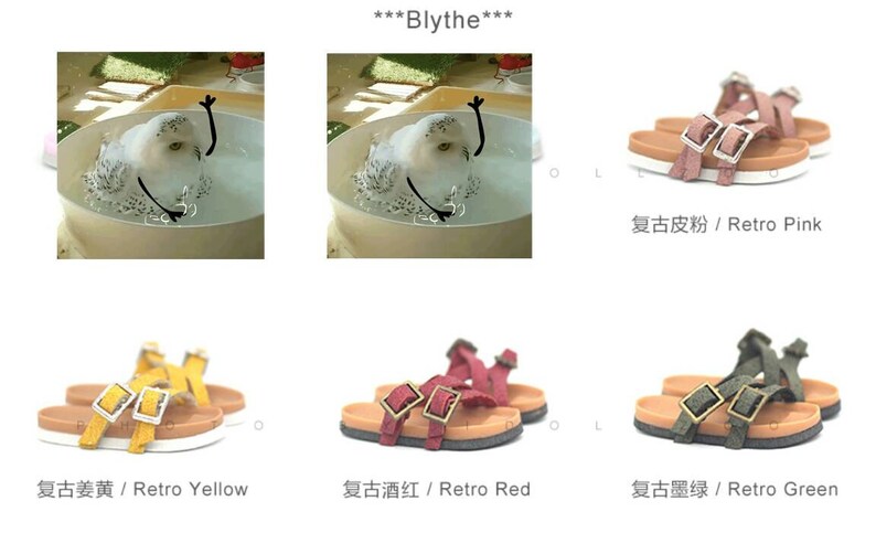 May include: Four pairs of sandals in different colors: pink, yellow, red, and green. Each sandal has two straps with a gold buckle. The sandals are labeled with their color and the text "Retro".