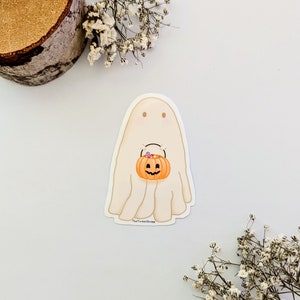 Cute pumpkin Trick-or-Treating Ghost Halloween water proof die cut vinyl sticker image 1