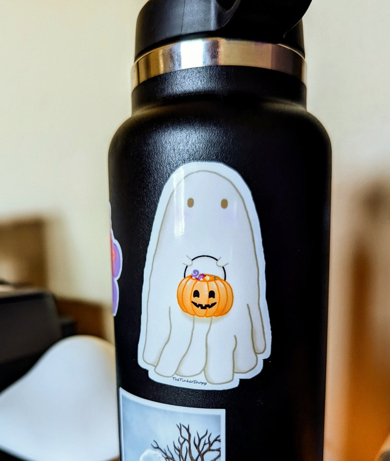 Cute pumpkin Trick-or-Treating Ghost Halloween water proof die cut vinyl sticker image 4