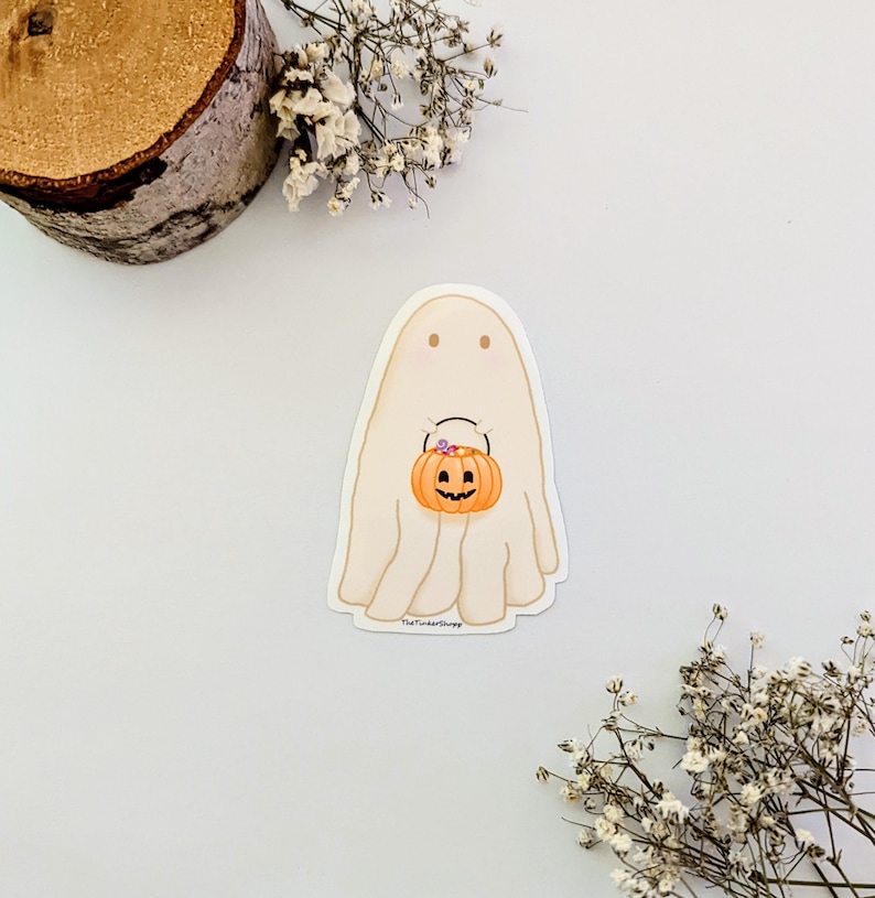 Cute pumpkin Trick-or-Treating Ghost Halloween water proof die cut vinyl sticker image 1